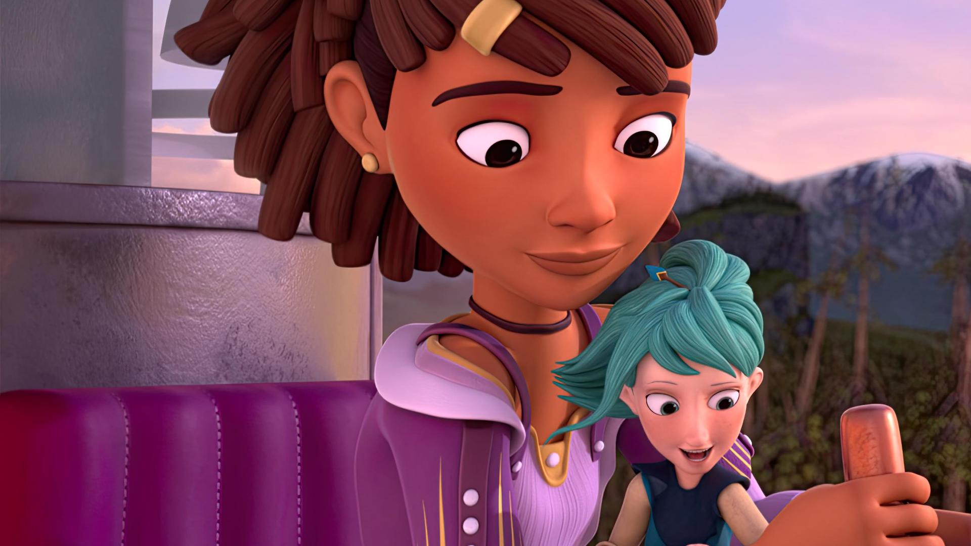 Ailina und Glyn sitzen in der Flugmaschine und fliegen über den Wald. Glyn blickt freudig aufgeregt nach unten zum Boden, während Ailina ihr gelassen dabei zuschaut. Mit einer Hand betätigt Ailina den Lenkhebel.