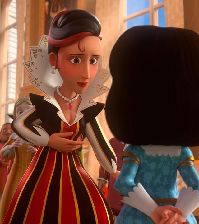 Im königlichen Palast: Lady Lala, eine berühmte Lautenspielerin, steht in gebeugter Haltung König Louis XIII., nur von hinten zu sehen, gegenüber. Rechts neben ihr befindet sich Hauptmann Rochefort und rechts neben dem König befindet sich seine Gouvernante Constance.