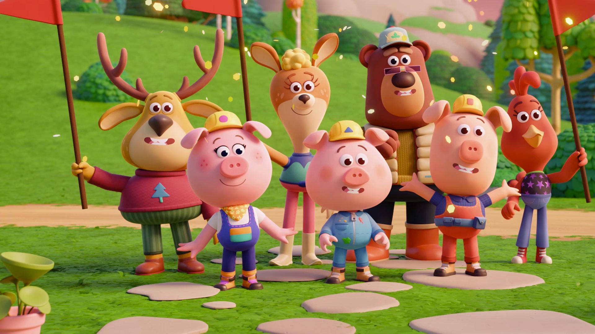 Fred, Dana, Bernhard, die Werkel-Ferkel und Cherry stehen im Bild. Sie werfen goldenes Konfetti in die Luft und halten Fähnchen in den Händen. Mit großen Gesten scheinen sie "Überraschung" zu rufen. Es ist schon Abend, der Himmel ist lilafarben.