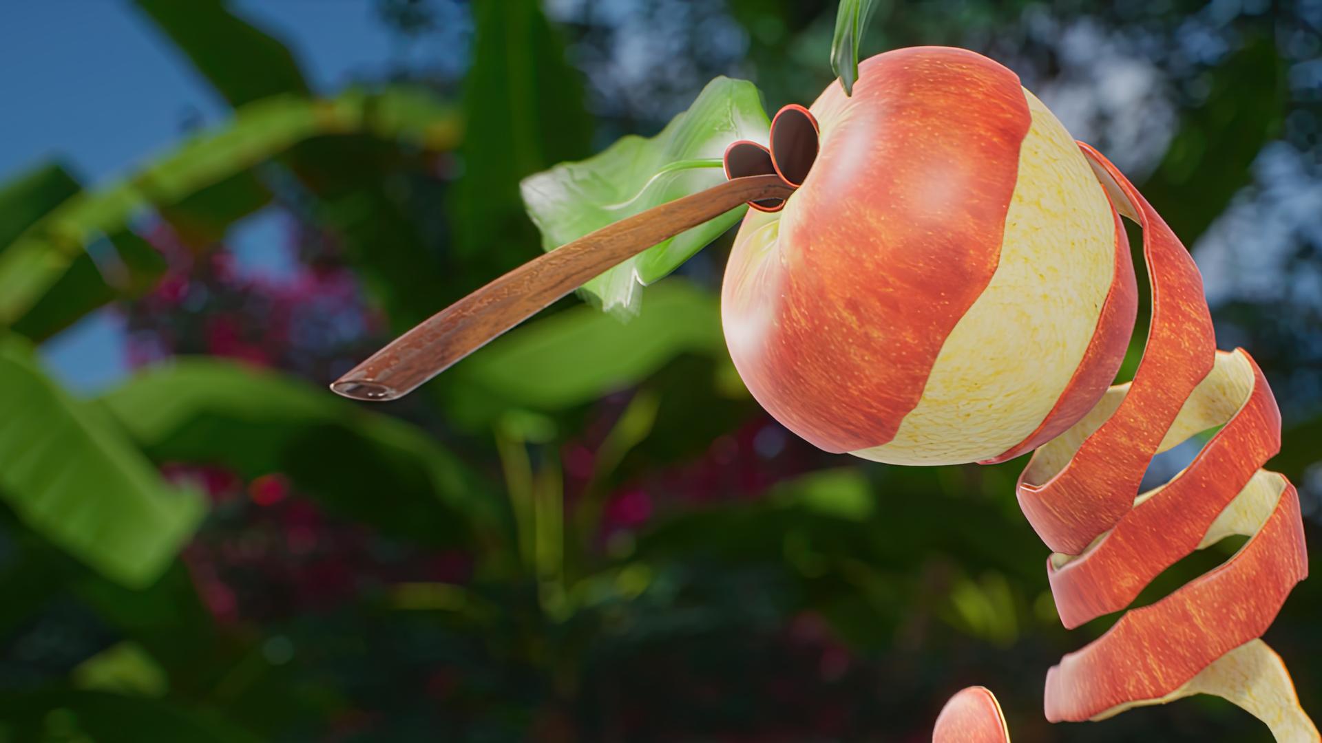 Der Apfelfliegus sieht aus wie eine Mischung aus Fliege und geschältem Apfel mit herunterhängenden Schalen.