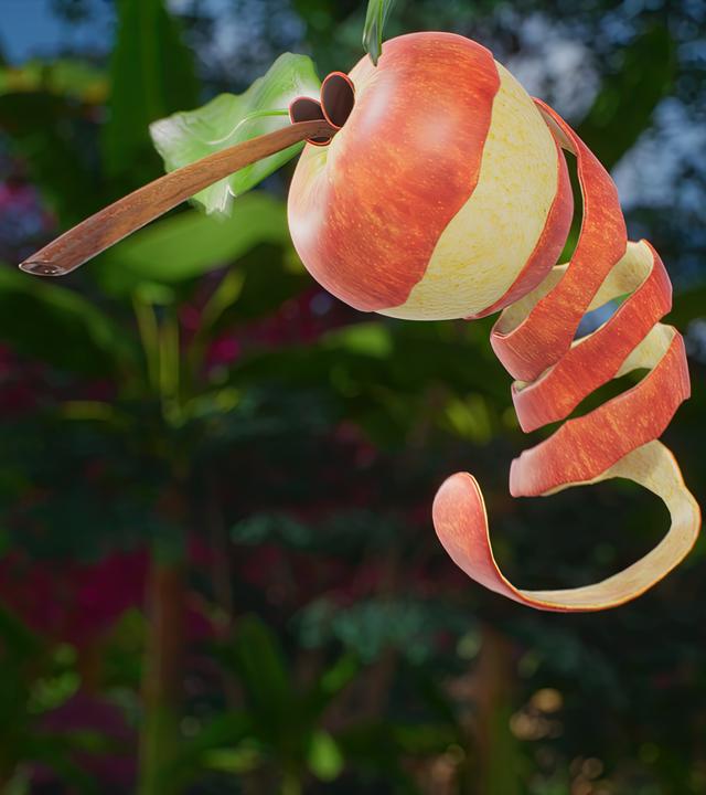 Der Apfelfliegus sieht aus wie eine Mischung aus Fliege und geschältem Apfel mit herunterhängenden Schalen.