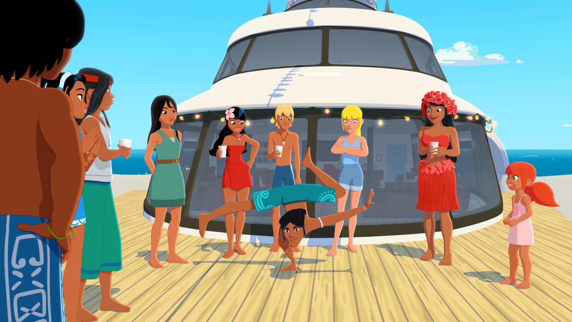 Die jungen Inselbewohner und die Freunde feiern auf dem Deck einer Jacht. Auru führt einen Tanz auf und macht dabei einen Handstand auf einem Arm.