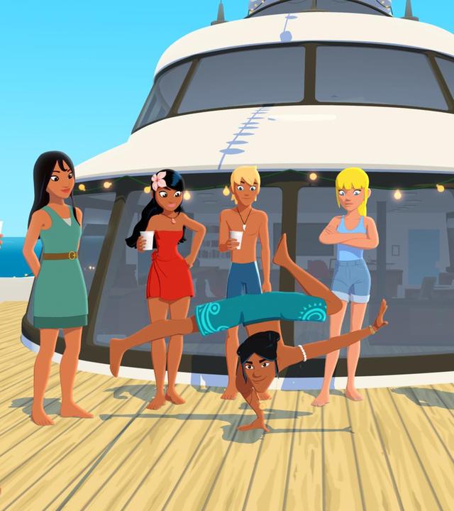 Die jungen Inselbewohner und die Freunde feiern auf dem Deck einer Jacht. Auru führt einen Tanz auf und macht dabei einen Handstand auf einem Arm.