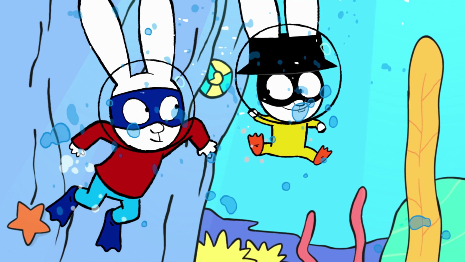  In der Fantasiewelt tauchen Superhase und Captain Hase freudig unter Wasser. Beide tragen einen Taucherhelm auf dem Kopf und Schwimmflossen an den Füßen.