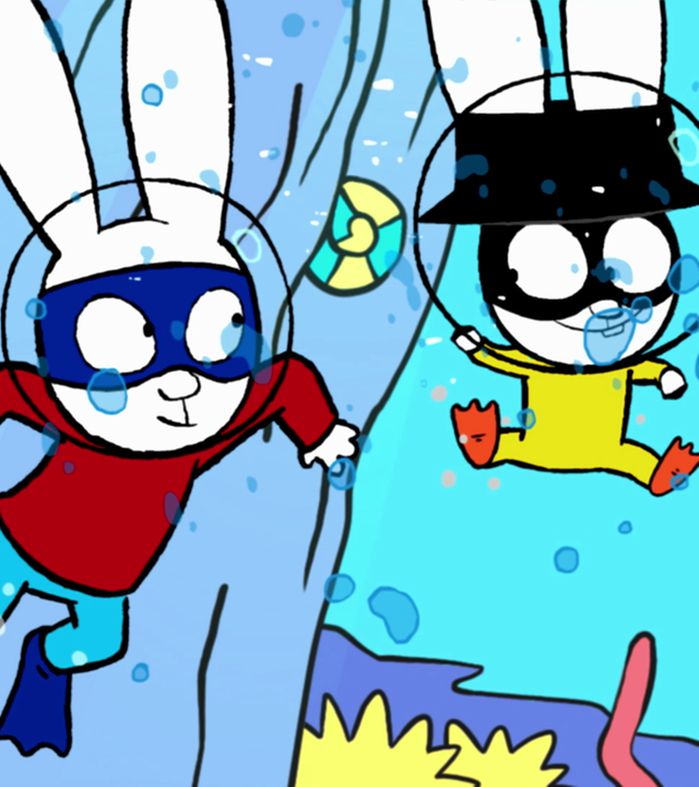  In der Fantasiewelt tauchen Superhase und Captain Hase freudig unter Wasser. Beide tragen einen Taucherhelm auf dem Kopf und Schwimmflossen an den Füßen.