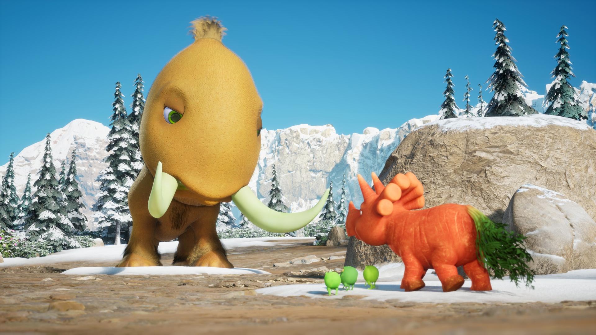 Im Bildhintergrund sehen wir ein Mammut mit Stoßzähnen, das einer Kiwi ähnelt. Etwas davor steht Ginger, das Trikarottops-Mädchen mit dem Karottengrün-Schwanz. Wir sehen sie von hinten - sie scheint sich gerade mit dem Kiwi-Mammut zu unterhalten. Im Bild ist Winter, auf dem Bergrücken im Hintergrund liegt Schnee.