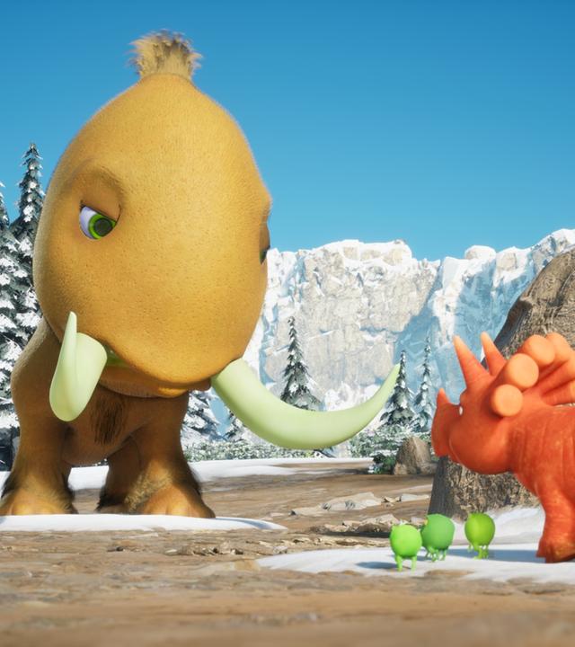 Im Bildhintergrund sehen wir ein Mammut mit Stoßzähnen, das einer Kiwi ähnelt. Etwas davor steht Ginger, das Trikarottops-Mädchen mit dem Karottengrün-Schwanz. Wir sehen sie von hinten - sie scheint sich gerade mit dem Kiwi-Mammut zu unterhalten. Im Bild ist Winter, auf dem Bergrücken im Hintergrund liegt Schnee.
