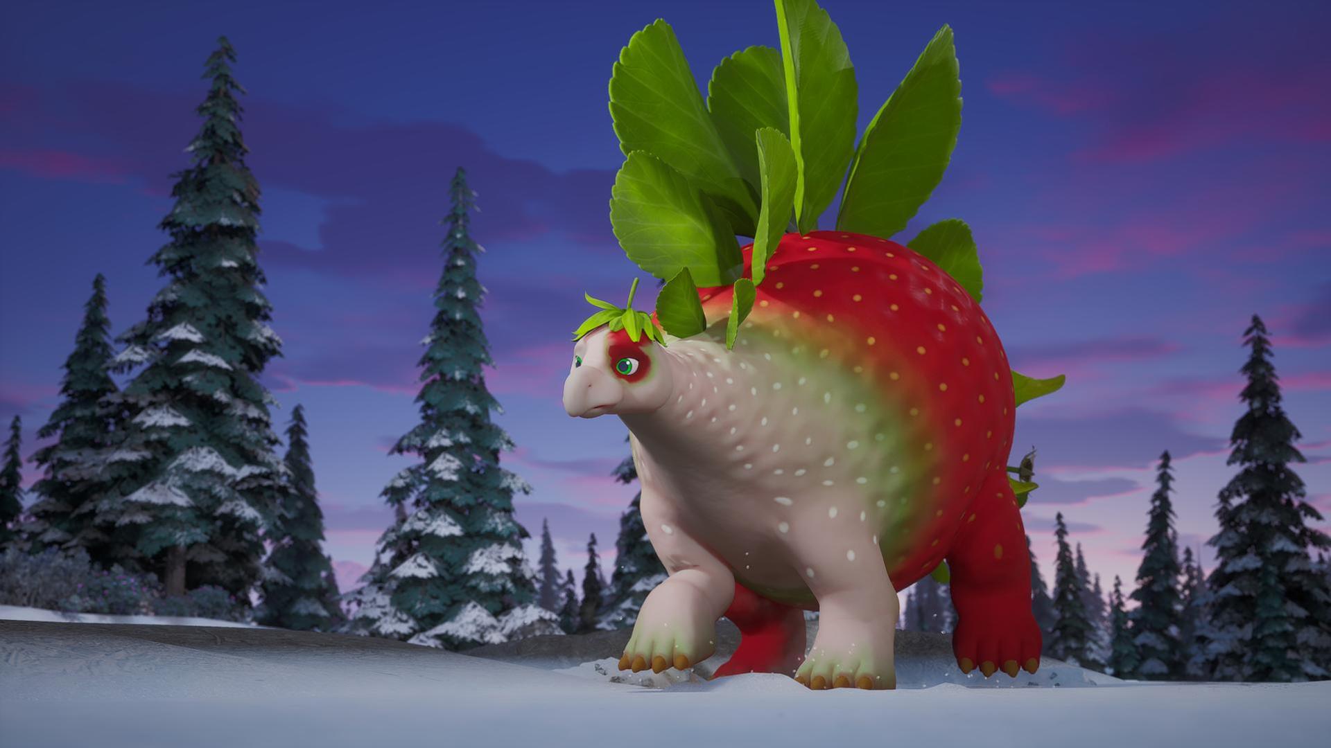Im Bild sehen wir einen großen Erdbeersaurier. Das ist ein Wesen, das einer rot-weißen Erdbeere ähnelt. Die Rückenblatten des Erdbeersauriers bestehen aus grünen Erdbeerpflanzenblättern. Um den Saurier herum herrscht Winter - er scheint am Boden festgefroren und macht ein trauriges Gesicht.
