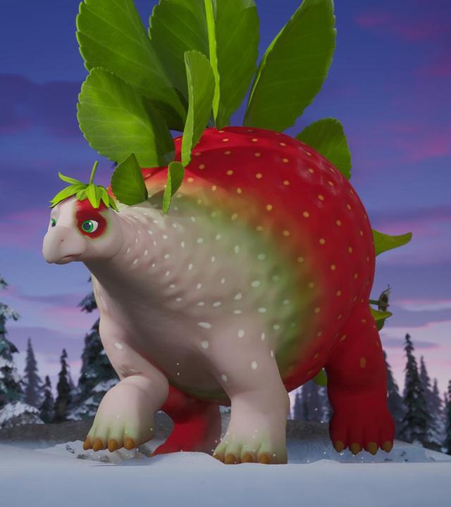 Im Bild sehen wir einen großen Erdbeersaurier. Das ist ein Wesen, das einer rot-weißen Erdbeere ähnelt. Die Rückenblatten des Erdbeersauriers bestehen aus grünen Erdbeerpflanzenblättern. Um den Saurier herum herrscht Winter - er scheint am Boden festgefroren und macht ein trauriges Gesicht.