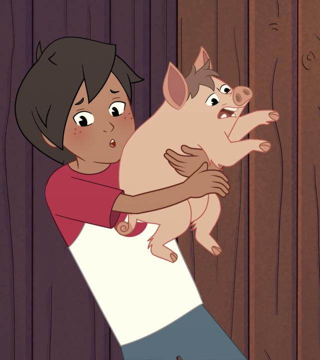 Josefine, ein junges Mädchen mit braunen Haaren, schaut erschrocken. Sie hält ein kleines, rosafarbenes Schwein in den Armen. Das Schwein schaut ebenfalls erschrocken.