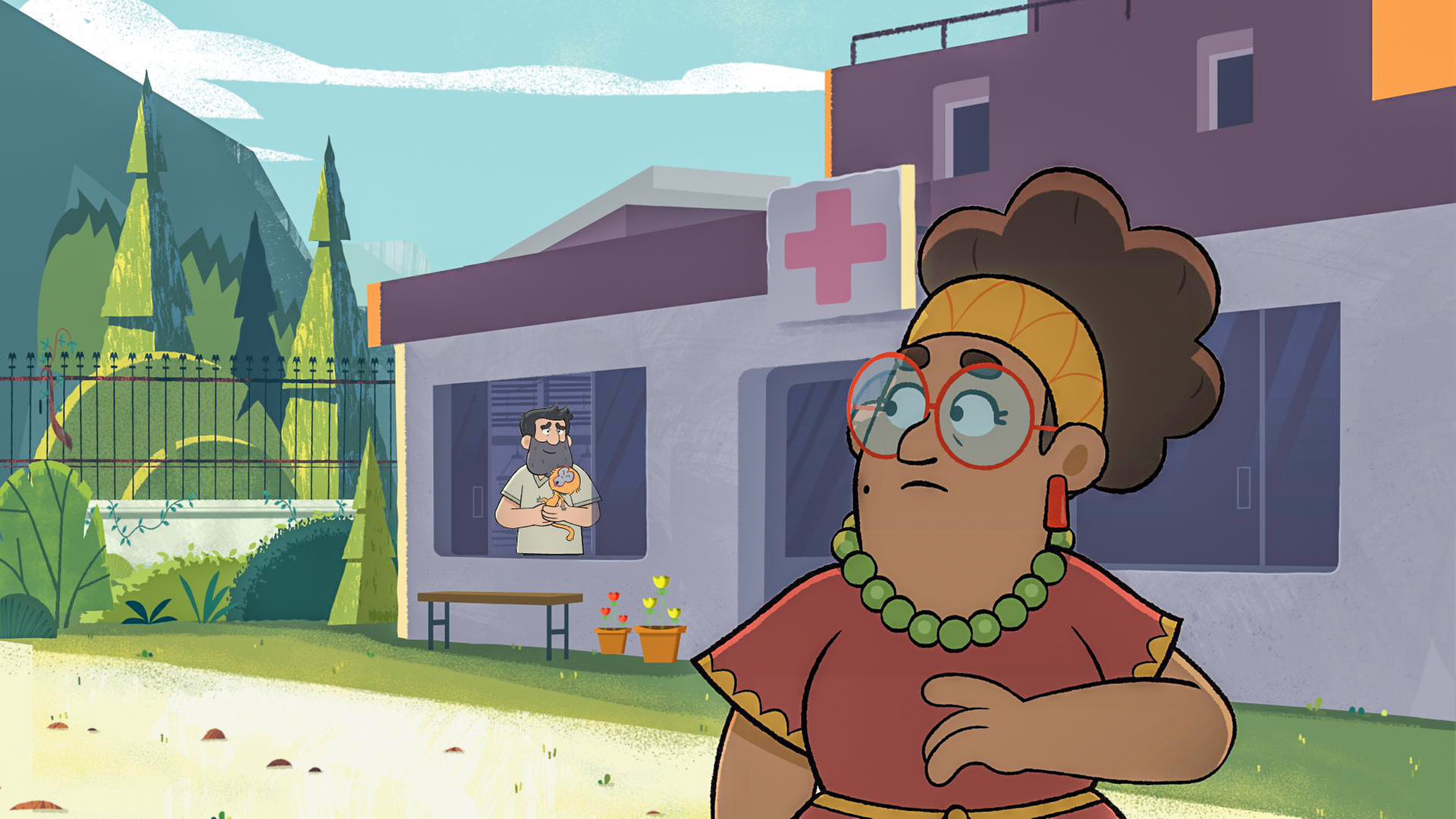 Eine Frau mit runder, roter Brille und großer Perlenkette schaut auf einen Pfleger. Dieser schaut im Haus hinter ihr aus dem Fenster. Das Haus ist die Tierauffangstation. Die Frau ist Taylors Lehrerin Frau Da Costa.