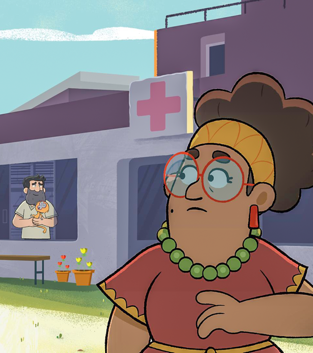 Eine Frau mit runder, roter Brille und großer Perlenkette schaut auf einen Pfleger. Dieser schaut im Haus hinter ihr aus dem Fenster. Das Haus ist die Tierauffangstation. Die Frau ist Taylors Lehrerin Frau Da Costa.