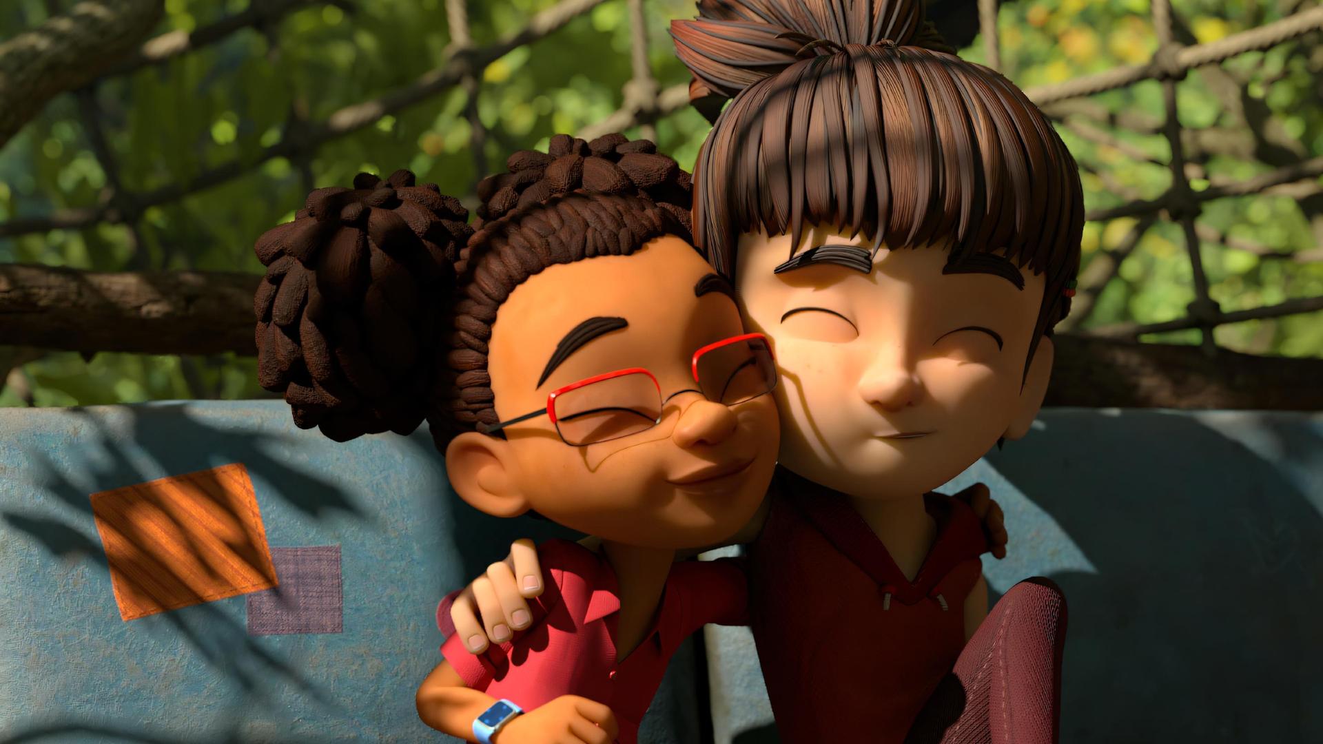 Oben im Baumhaus sitzen die beiden Freundinnen Bohnenstange und Lina Arm in Arm dicht nebeneinander und haben schmunzelnd ihre Köpfe zusammen gesteckt.