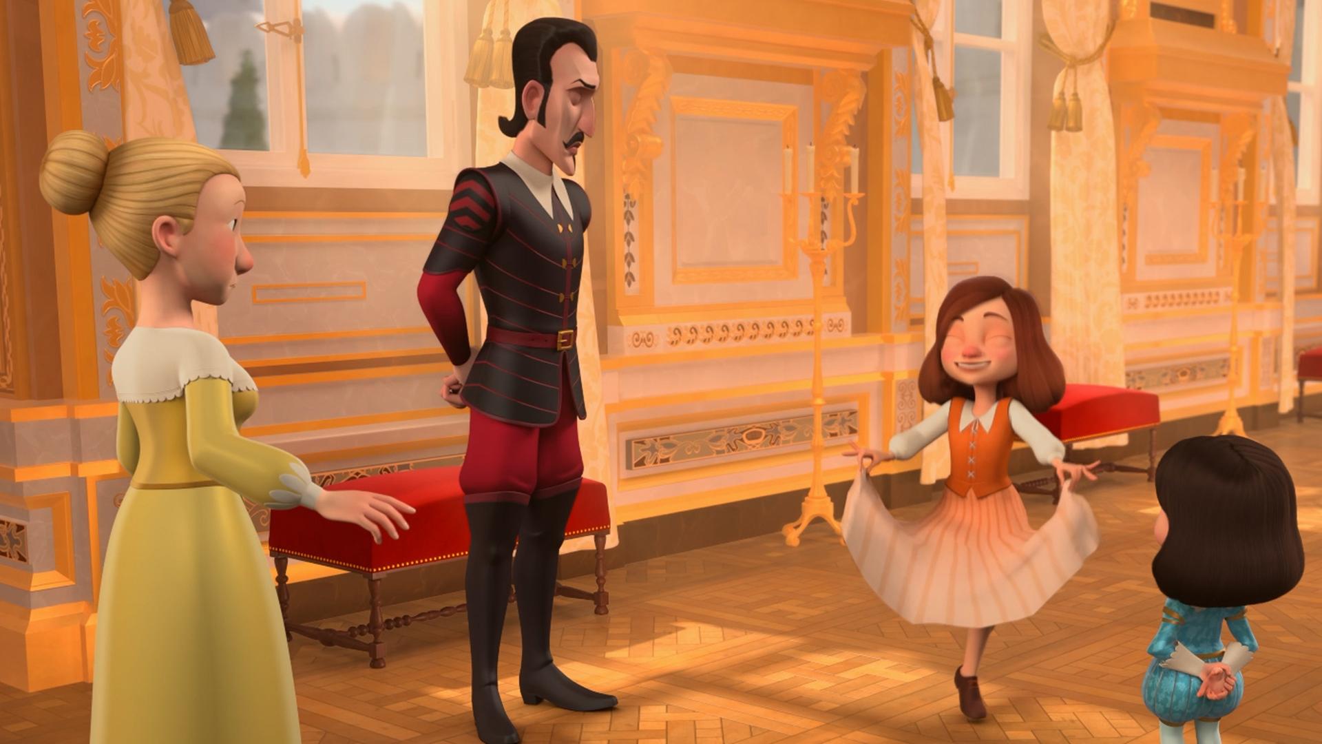 Im königlichen Palast: Charlotte tanzt mit geschlossenen Augen und lächelnd zwischen Constance, Richelieu und König Louis XIII, die ihr alle zuschauen. Im Hintergrund steht eine Wache.