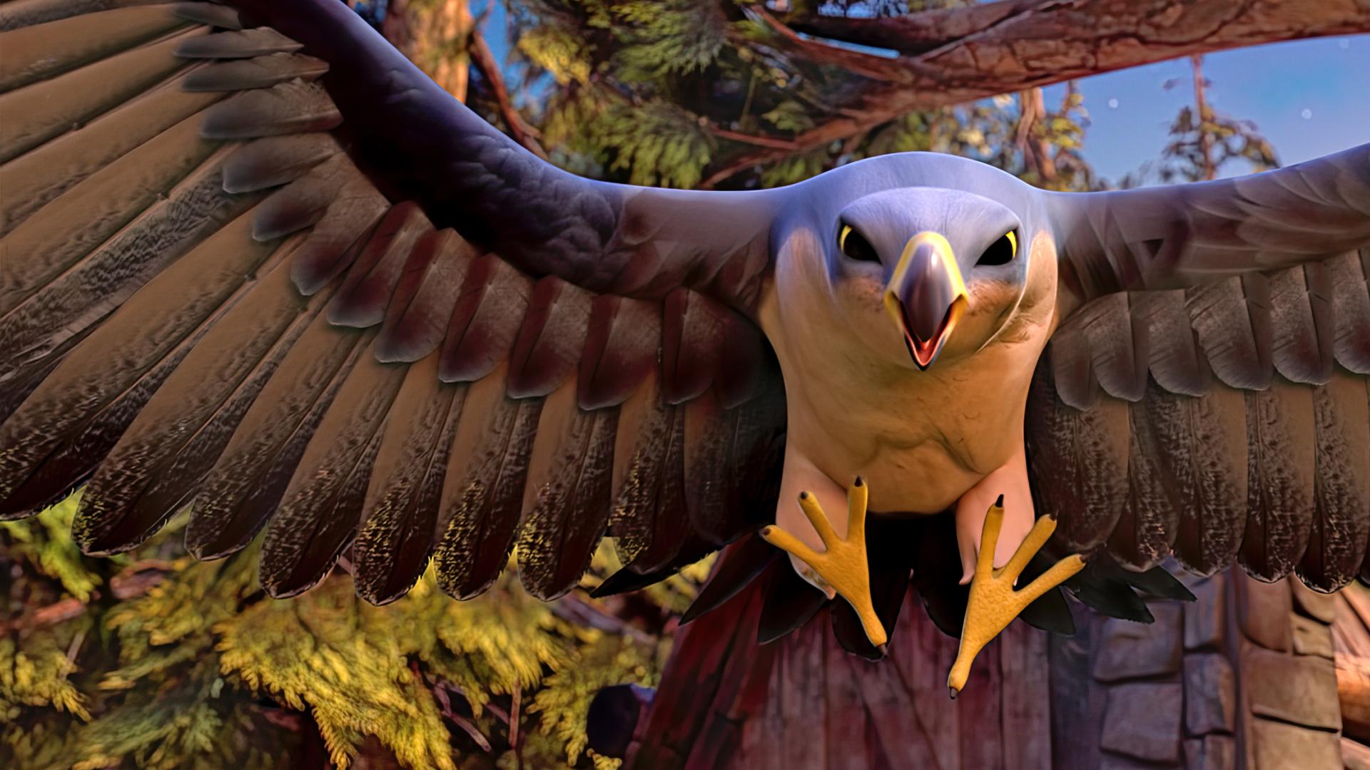 Falke Zaid stürzt sich wild krächzend im Sturzflug vom Hausdach. Seine Flügel sind weit aufgespannt.