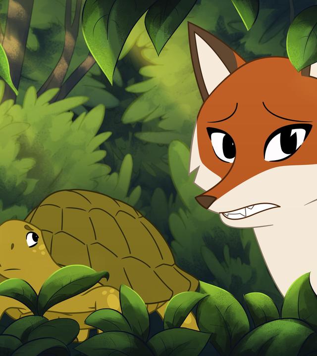 Umgeben von Blättern in einem Gebüsch stehen die grüne Schildkröte Törtel und die orangefarbene Füchsin Wendy nebeneinander. Beide haben einen besorgten Gesichtsausdruck.
