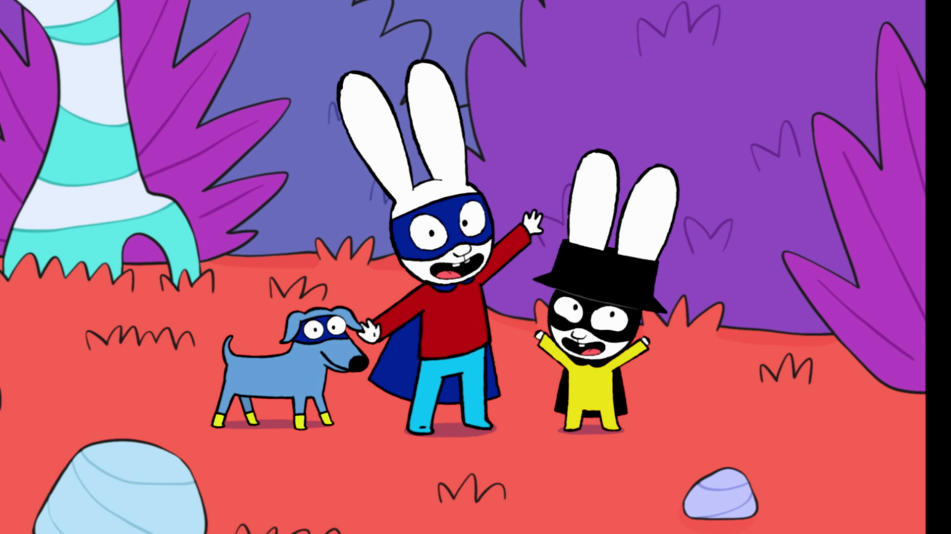 Fröhlich stehen Super-Elvis, Superhase und Captain Hase in der Fantasiewelt im Wald. Superhase und Captain Hase strecken begeistert die Arme in die Luft. Super-Elvis steht freudig daneben.