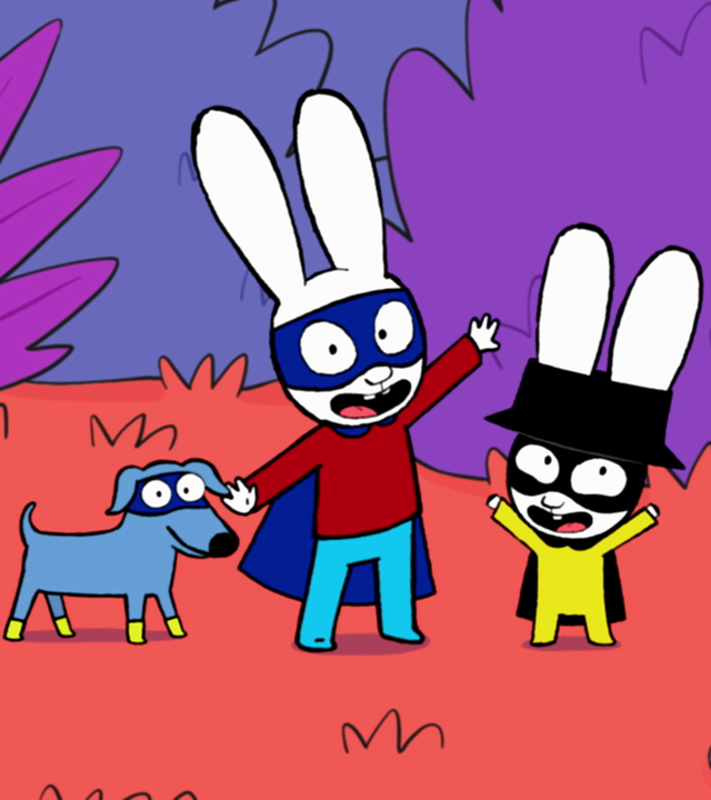 Fröhlich stehen Super-Elvis, Superhase und Captain Hase in der Fantasiewelt im Wald. Superhase und Captain Hase strecken begeistert die Arme in die Luft. Super-Elvis steht freudig daneben.