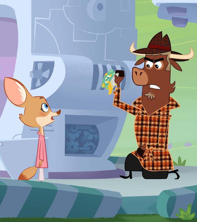 Die zerzauste Hermione steht neben Frau Fuchsberger und Sherlock Yack. Hermione ist sauer und Sherlock Yack inspiziert mit kritischem Blick den Apparat.