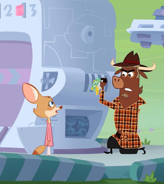 Die zerzauste Hermione steht neben Frau Fuchsberger und Sherlock Yack. Hermione ist sauer und Sherlock Yack inspiziert mit kritischem Blick den Apparat.