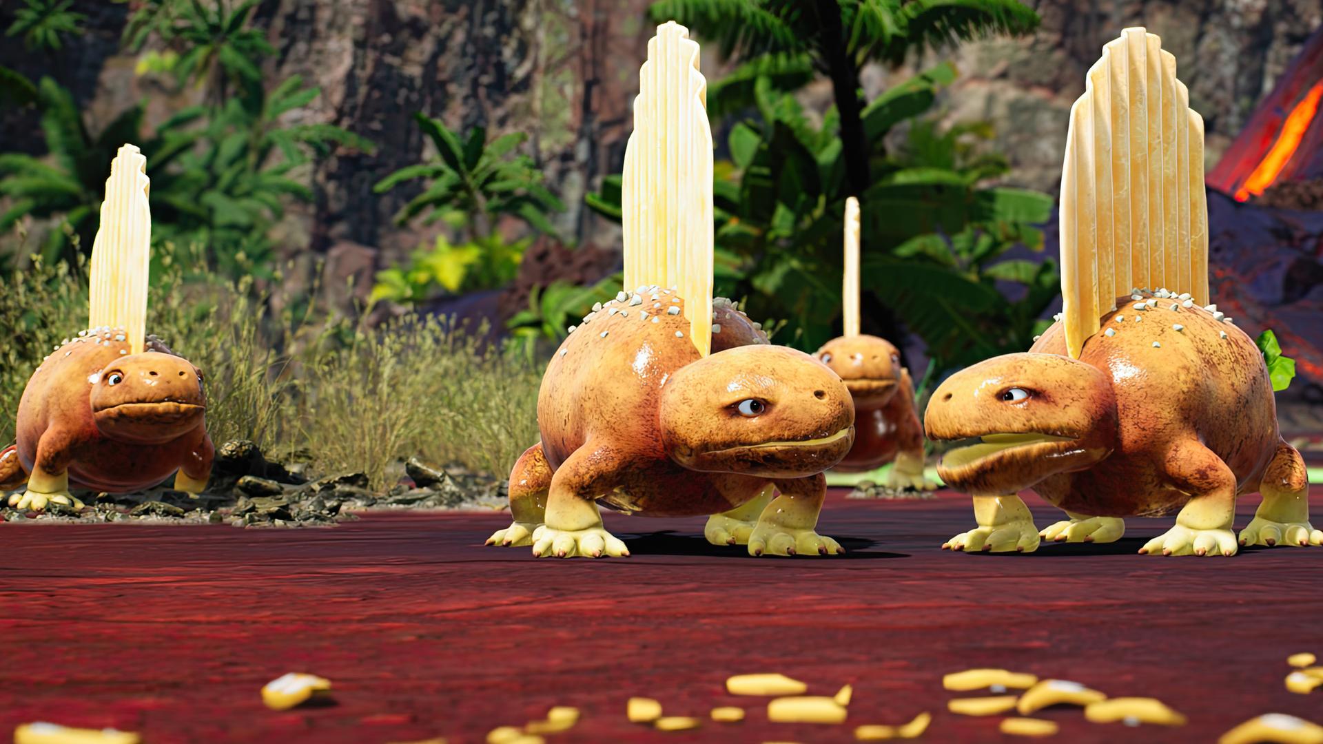 Die sogenannten Kartofflodons sehen aus wie Kartoffeln und tragen als Rückensegel einen riesigen, geriffelten Kartoffelchip.