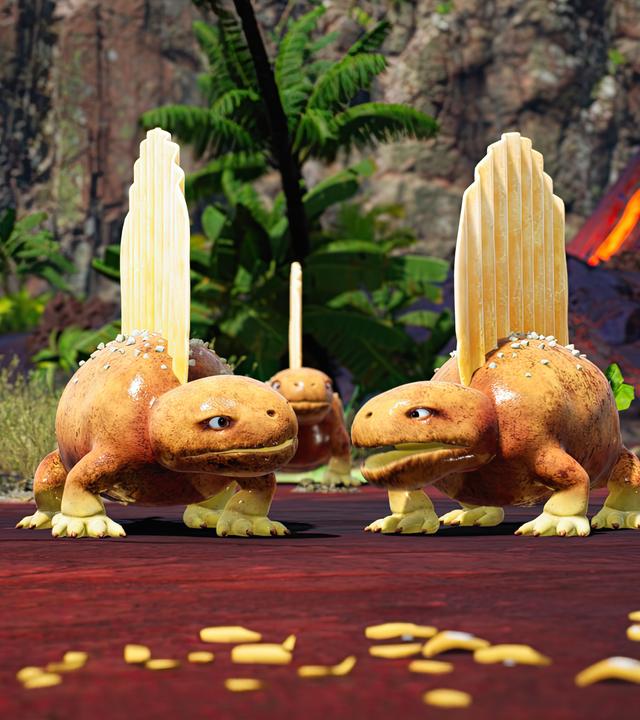 Die sogenannten Kartofflodons sehen aus wie Kartoffeln und tragen als Rückensegel einen riesigen, geriffelten Kartoffelchip.