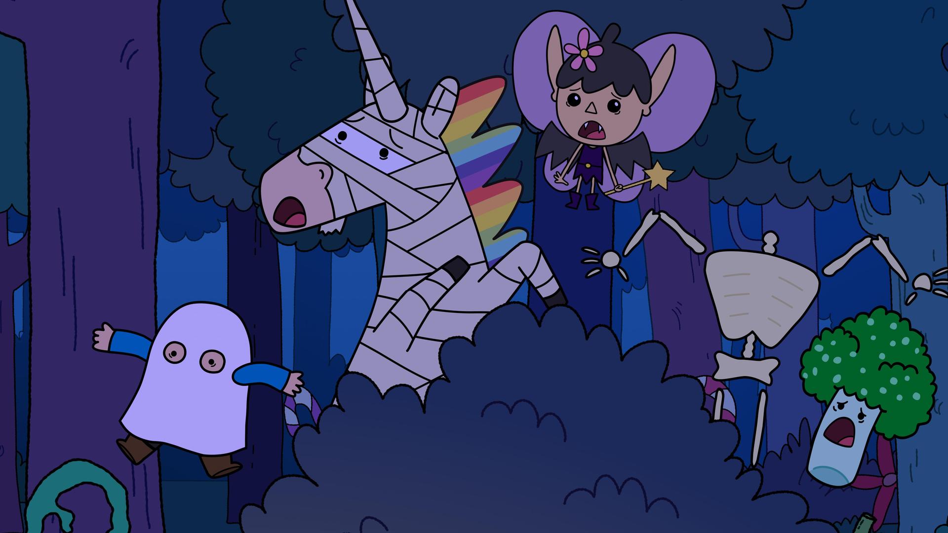 In einer dunklen Gruselween-Nacht im Wald. Die Helden sind kostümiert: Herbert als Geist, Blümchen eingewickelt wie eine Mumie, Twinkle als Fledermaus, und Tupfen ist ganz weiß und trägt einen Brokkoli als Kopfbedeckung. Erschrocken verstecken sie sich hinter einem Busch. Zwischen Tupfen und Twinkle steht ein kopfloses Skelett, ebenfalls in einer erschrockenen Haltung.