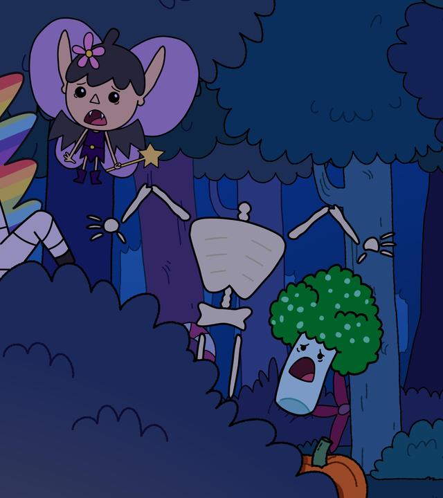 In einer dunklen Gruselween-Nacht im Wald. Die Helden sind kostümiert: Herbert als Geist, Blümchen eingewickelt wie eine Mumie, Twinkle als Fledermaus, und Tupfen ist ganz weiß und trägt einen Brokkoli als Kopfbedeckung. Erschrocken verstecken sie sich hinter einem Busch. Zwischen Tupfen und Twinkle steht ein kopfloses Skelett, ebenfalls in einer erschrockenen Haltung.