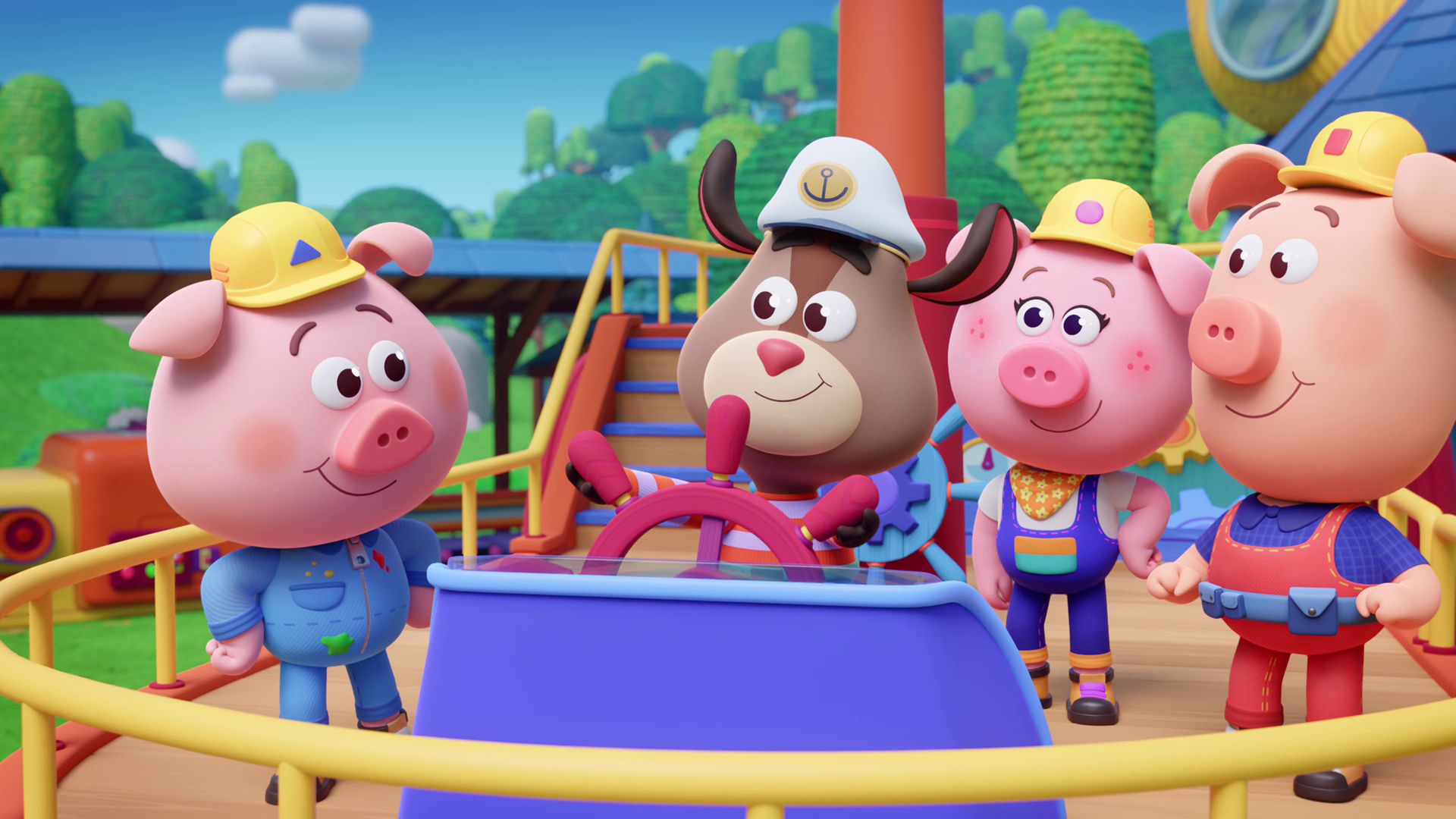 Das kleine Ziegenkind Kris steht frohgelaunt am Steuerrad eines großen, bunten Schiffes. Um ihn herum stehen drei Schweinchen mit Bauarbeiter-Helmen - die so genannten Werkel-Ferkel. Im Hintergrund sehen wir die Werkstatt der Werkel-Ferkel und Wald.