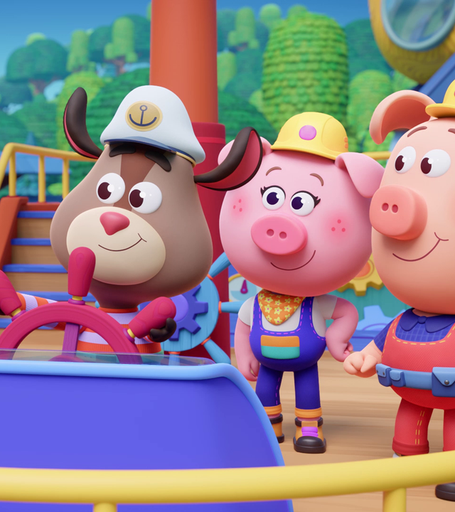 Das kleine Ziegenkind Kris steht frohgelaunt am Steuerrad eines großen, bunten Schiffes. Um ihn herum stehen drei Schweinchen mit Bauarbeiter-Helmen - die so genannten Werkel-Ferkel. Im Hintergrund sehen wir die Werkstatt der Werkel-Ferkel und Wald.