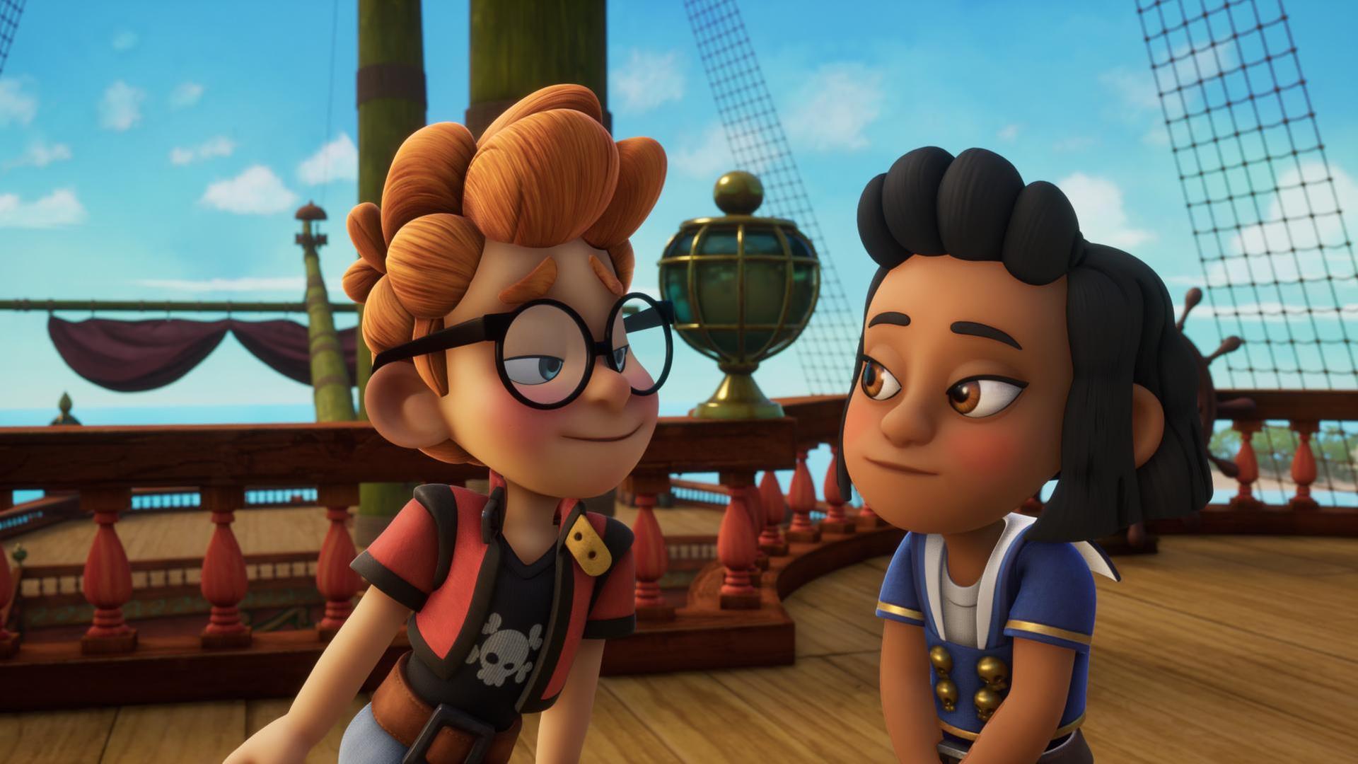 Auf Deck des Schulschiffs Galeone stehen sich Alexander und Dolores gegenüber. Alexander schaut Dolores verliebt an und Dolores schaut geschmeichelt Alexander an.