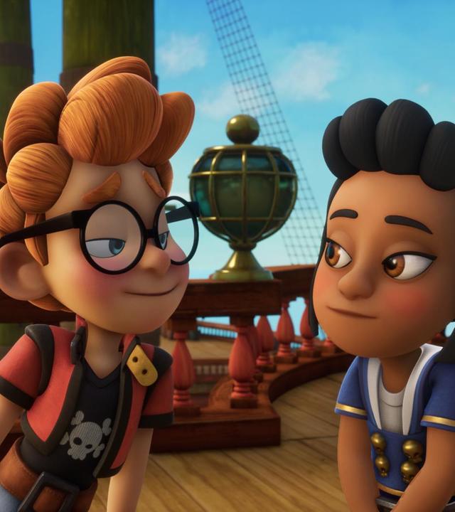 Auf Deck des Schulschiffs Galeone stehen sich Alexander und Dolores gegenüber. Alexander schaut Dolores verliebt an und Dolores schaut geschmeichelt Alexander an.