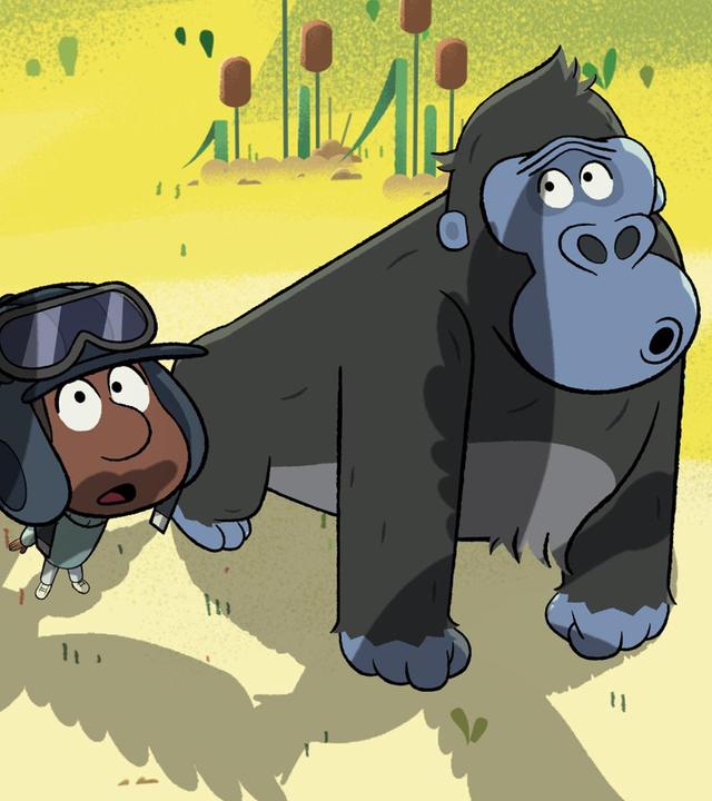 Auf einer Wiese stehen ein rothaariges Mädchen, ein Schwarzer Junge und ein Gorilla nebeneinander. Das Mädchen hält eine Gans im Arm, die Verbände am Flügel trägt. Beide Kinder haben Fliegermützen auf und tragen Brillen. Alle schauen skeptisch in die Luft.