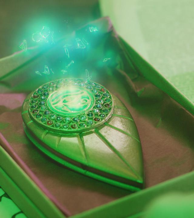 Vor Theodosia liegt ein Kästchen in dem sich ein amulettartiger Gegenstand aus Metall mit grün funkelndem Stein in der Mitte befindet.