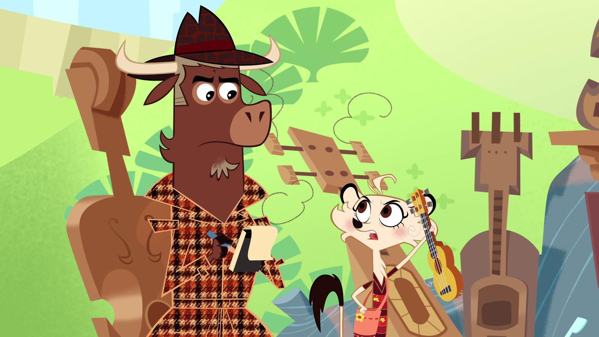 Sherlock Yack und Hermione finden eine defekte Ukulele. Sie überlegen angestrengt, was mit ihr passiert ist. Hermione streckt die Ukulele in die Luft, während Sherlock Yack Notizen macht. 