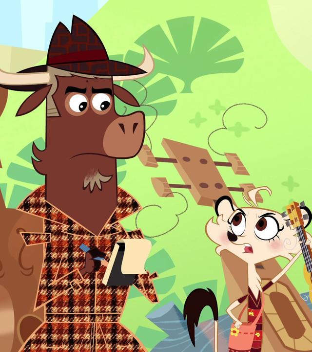 Sherlock Yack und Hermione finden eine defekte Ukulele. Sie überlegen angestrengt, was mit ihr passiert ist. Hermione streckt die Ukulele in die Luft, während Sherlock Yack Notizen macht. 