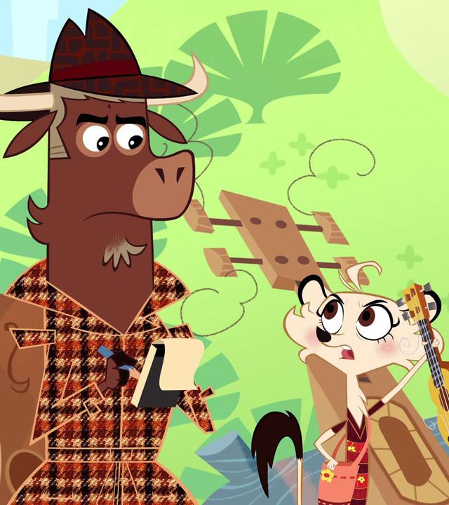 Sherlock Yack und Hermione finden eine defekte Ukulele. Sie überlegen angestrengt, was mit ihr passiert ist. Hermione streckt die Ukulele in die Luft, während Sherlock Yack Notizen macht. 