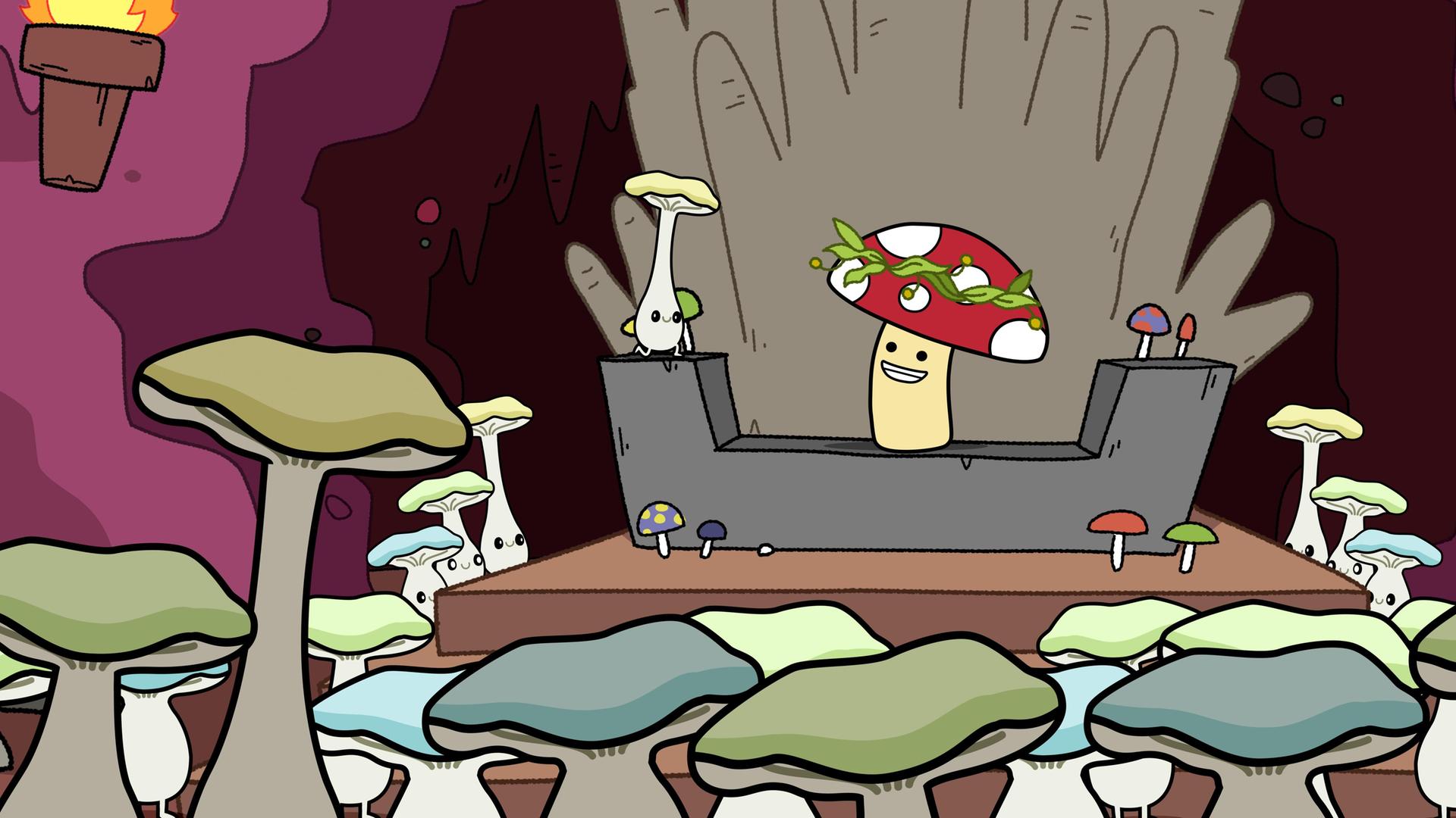 In einer Höhle auf einem Thron steht fröhlich lachend der Fliegenpilz Tupfen. Er schaut zu einem weißen Höhlenpilz mit gelbem Hut, der seitlich auf der Thronlehne steht. Viele andere weiße Pilze mit gelb-grün-blauen Hüten haben sich vor und rund um den Thron versammelt und blicken zu Tupfen. Ein grüner Pflanzenkranz auf Tupfens Hut dient als Krone. Rechts und links an den Höhlenwänden hängen Tontöpfe mit leuchtenden Flammen zur Beleuchtung.