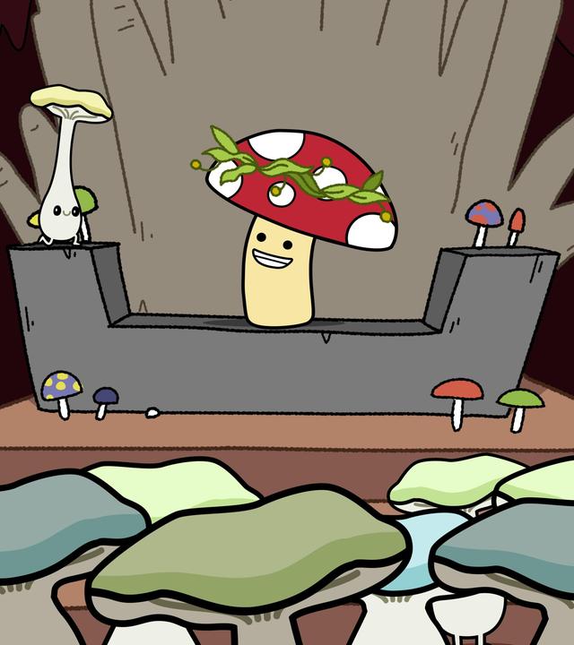 In einer Höhle auf einem Thron steht fröhlich lachend der Fliegenpilz Tupfen. Er schaut zu einem weißen Höhlenpilz mit gelbem Hut, der seitlich auf der Thronlehne steht. Viele andere weiße Pilze mit gelb-grün-blauen Hüten haben sich vor und rund um den Thron versammelt und blicken zu Tupfen. Ein grüner Pflanzenkranz auf Tupfens Hut dient als Krone. Rechts und links an den Höhlenwänden hängen Tontöpfe mit leuchtenden Flammen zur Beleuchtung.