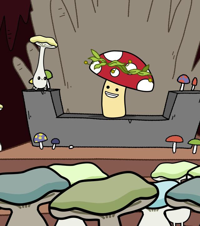 In einer Höhle auf einem Thron steht fröhlich lachend der Fliegenpilz Tupfen. Er schaut zu einem weißen Höhlenpilz mit gelbem Hut, der seitlich auf der Thronlehne steht. Viele andere weiße Pilze mit gelb-grün-blauen Hüten haben sich vor und rund um den Thron versammelt und blicken zu Tupfen. Ein grüner Pflanzenkranz auf Tupfens Hut dient als Krone. Rechts und links an den Höhlenwänden hängen Tontöpfe mit leuchtenden Flammen zur Beleuchtung.