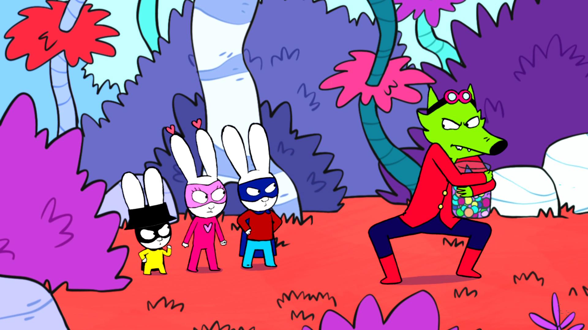 Captain Hase, Super-Lou und Superhase sind in ihrer Fantasiewelt und stehen wütend blickend hinter Professor Wolf, der ein volles Bonbon-Glas fest in seinen Händen hält und grimmig zu den Helden schaut.