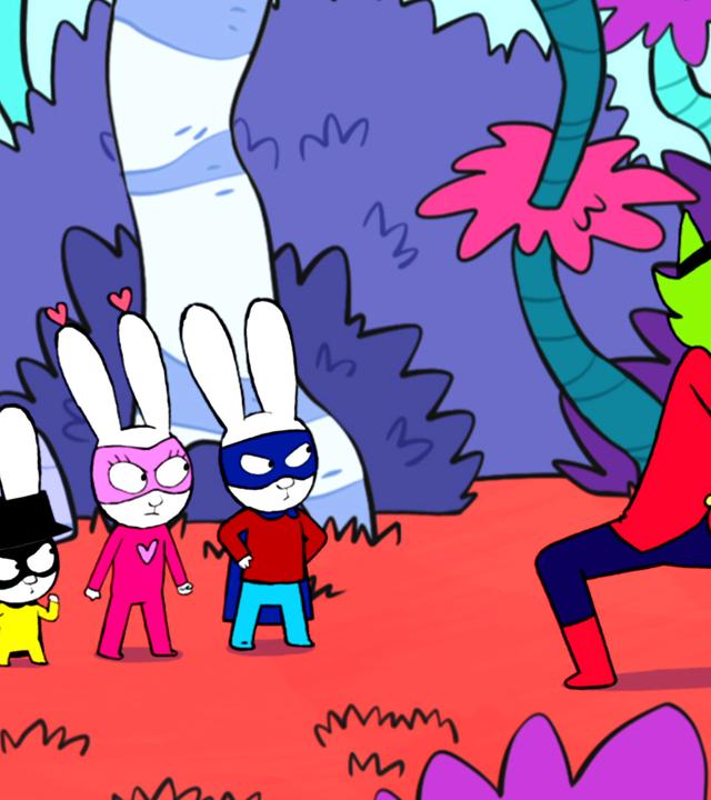 Captain Hase, Super-Lou und Superhase sind in ihrer Fantasiewelt und stehen wütend blickend hinter Professor Wolf, der ein volles Bonbon-Glas fest in seinen Händen hält und grimmig zu den Helden schaut.