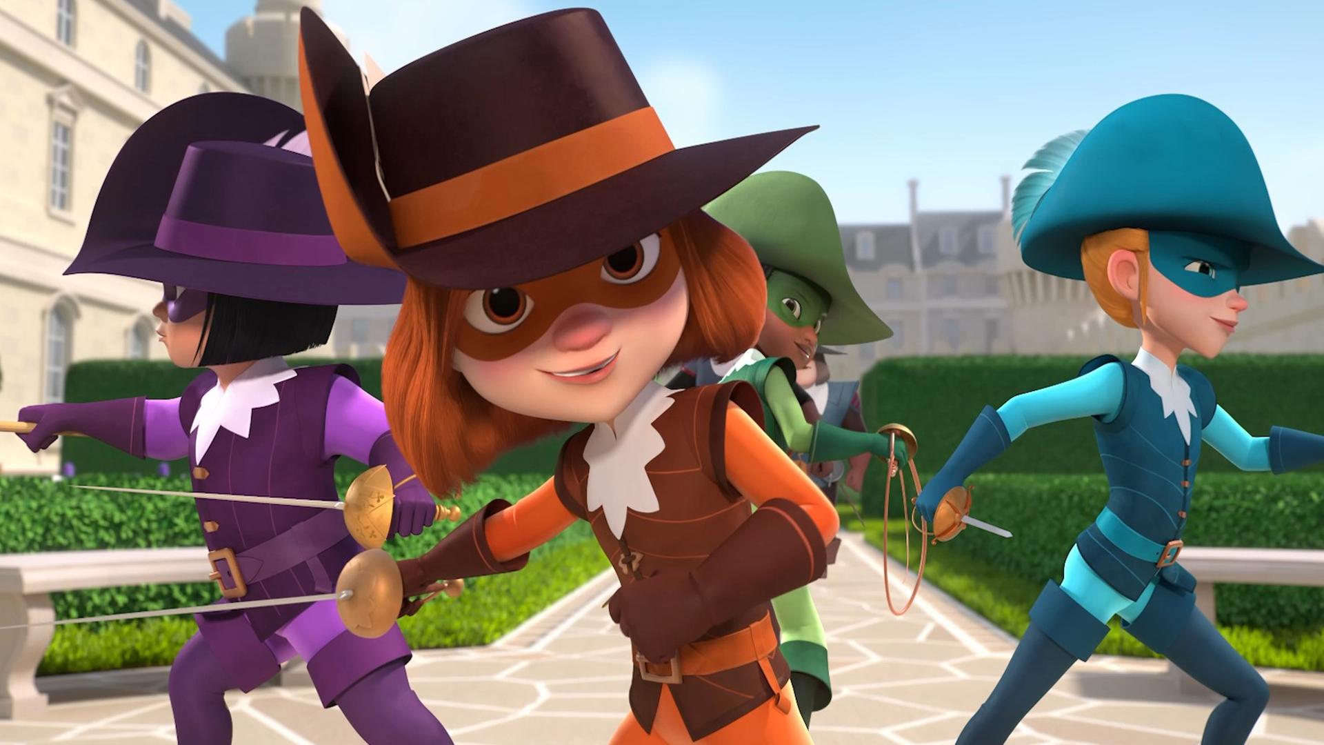 Draußen im Garten des Königs: D'Artagnan schaut nach vorne und lächelt. Hinter ihr befinden sich die drei Musketiere Athos, Aramis und Porthos. D'Artagnan, Porthos und Athos halten selbstbewusst und mit siegessicherem Blick einen Degen in ihren Händen.