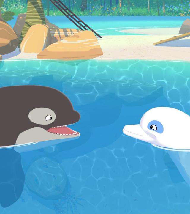 Orca-Wahl Billy schaut freudig mit offenem Maul zu Delfon Zoom herüber. Beide schwimmen in Meer, hinter ihnen ist der Strand der Insel zu sehen.