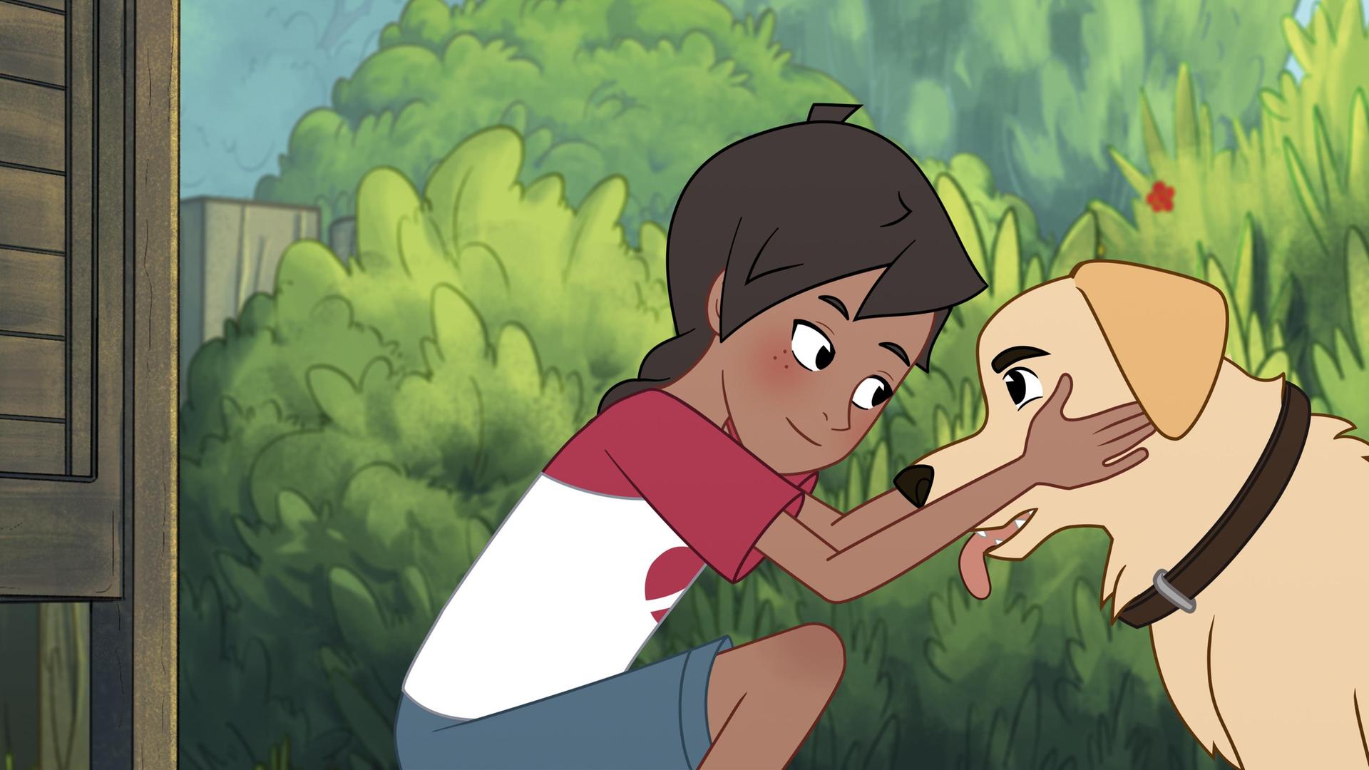 Josefine, ein Mädchen mit braunen Haaren, die zu einem Zopf geflochten sind, streichelt ihren großen Hund mit beigefarbenen Fell und braunen Halsband. Sie schauen einander an. Im Hintergrund sind Bäume und Hecken.