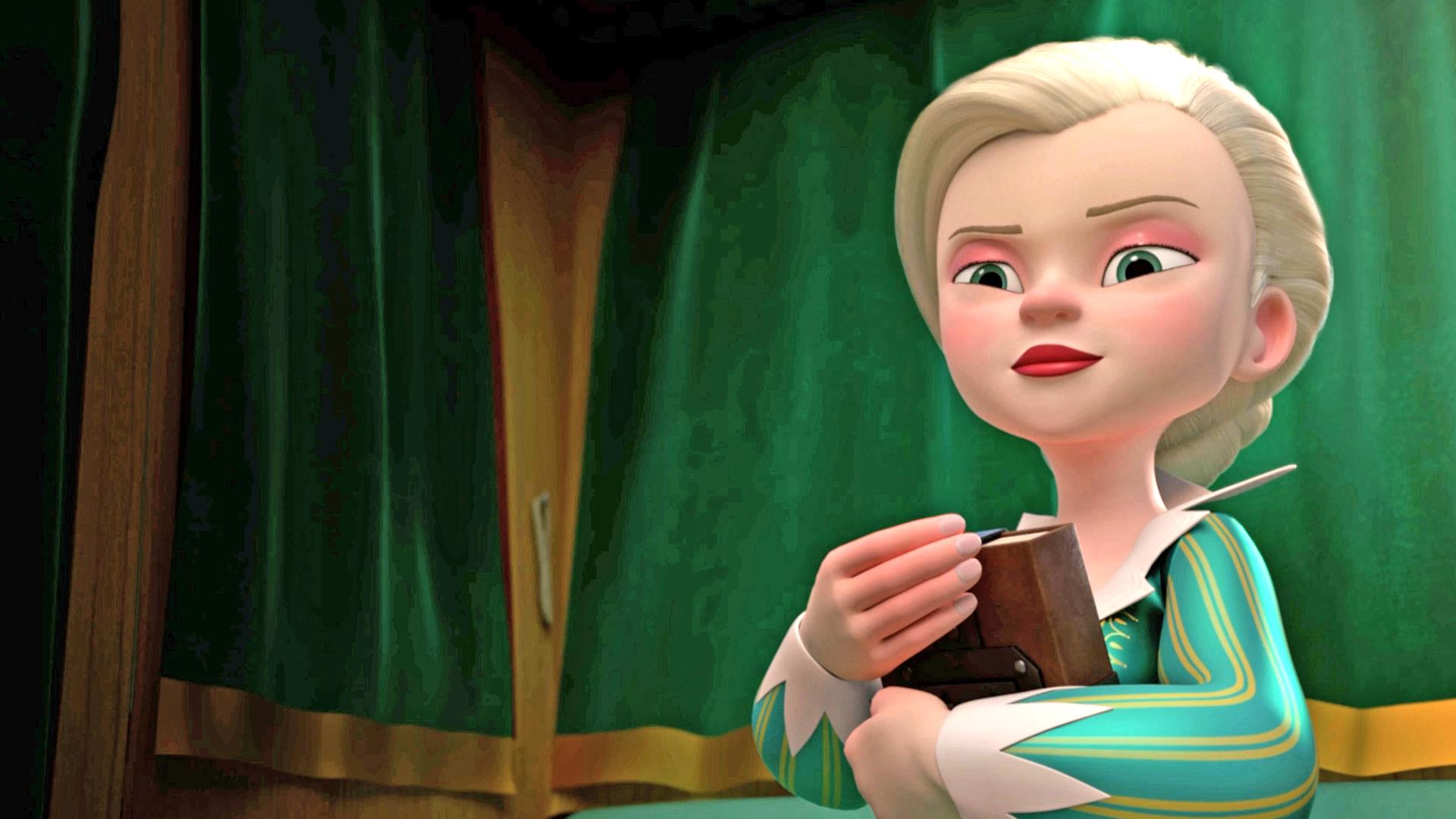 Milady sitzt mit verschwörerischem Blick in einer abgedunkelten Kutsche. Sie hält ein Buch fest umschlungen vor ihrem Oberkörper.