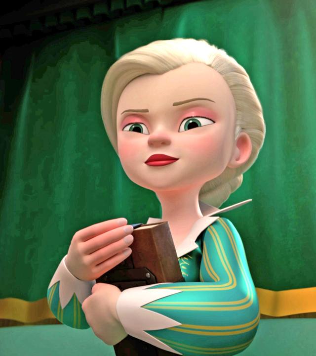 Milady sitzt mit verschwörerischem Blick in einer abgedunkelten Kutsche. Sie hält ein Buch fest umschlungen vor ihrem Oberkörper.