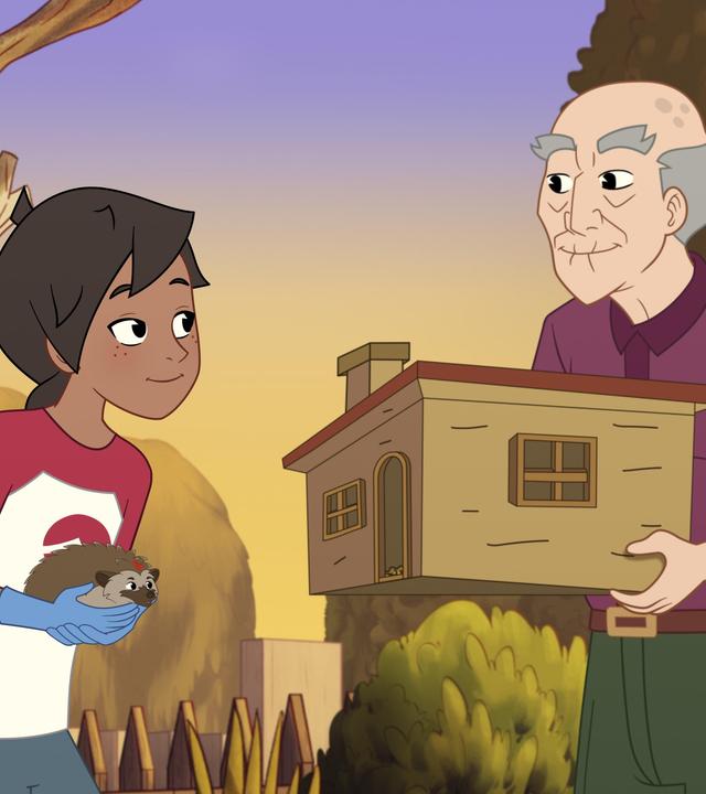 Josefine hält in beiden Händen einen kleinen, braunen Igel und trägt dabei blaue Handschuhe. Sie schaut lächelnd zu einem älteren Mann, Herrn Lüttkewitz, der ein kleines Holzhaus in beiden Händen hält und ebenfalls lächelt. Er hat nur wenige, graue Haare auf dem Kopf, die einen Kranz bilden. Im Hintergrund stehen ein Holzzaun und Bäume. Der Himmel ist lilafarben und orangefarben.