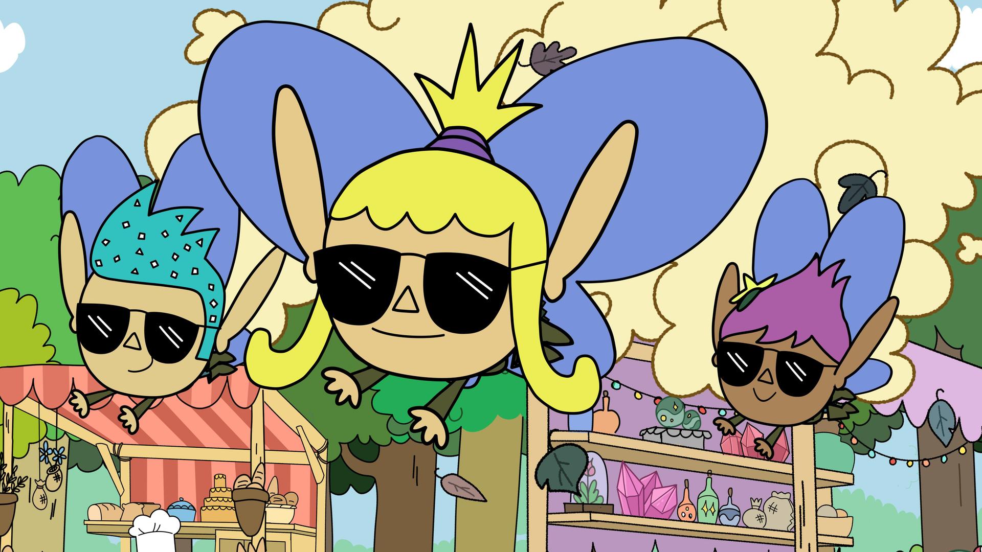 Drei coole Feen mit schwarzen Sonnenbrillen fliegen an zwei Marktständen im Wald vorbei. Die Fee Glitzer hat türkise Haare mit weißen Steinchen gespickt, Fee Flitter hat blondes Haar mit Zopf auf dem Kopf, und Fee Funkel hat lila Haare.