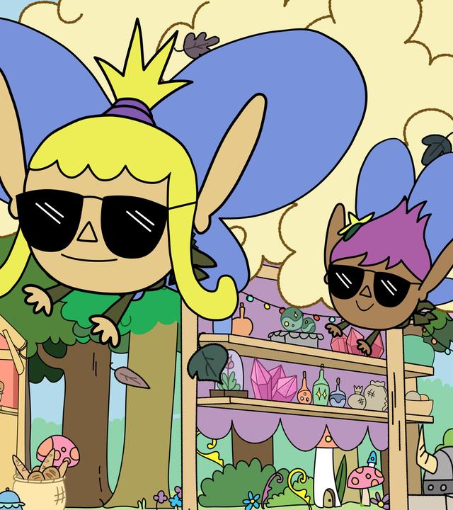 Drei coole Feen mit schwarzen Sonnenbrillen fliegen an zwei Marktständen im Wald vorbei. Die Fee Glitzer hat türkise Haare mit weißen Steinchen gespickt, Fee Flitter hat blondes Haar mit Zopf auf dem Kopf, und Fee Funkel hat lila Haare.